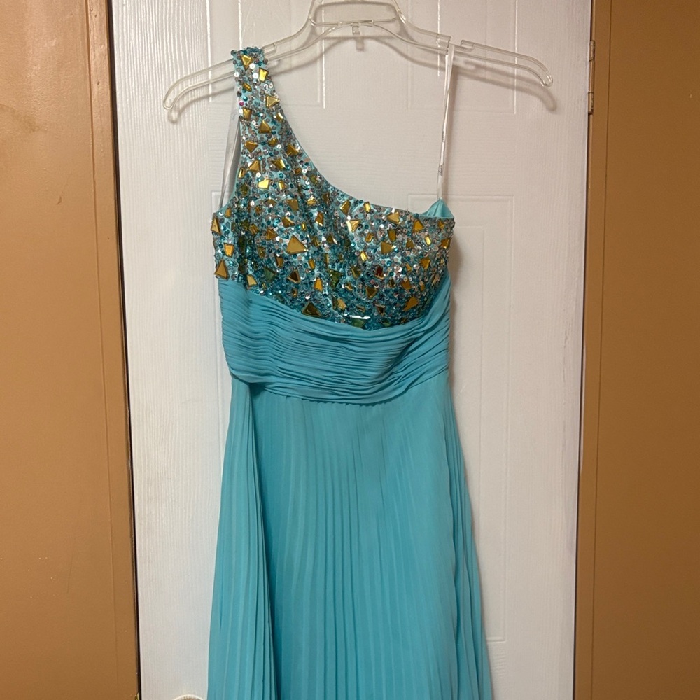 One-Shoulder Blue Embellished Dress